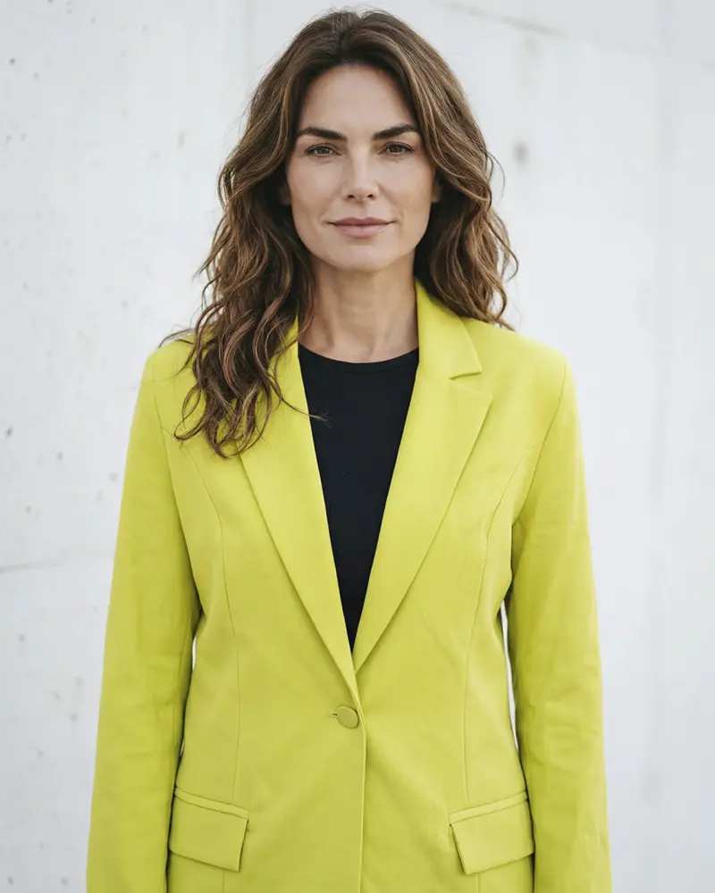 Blazer amarillo lima con remera negra, de Mena